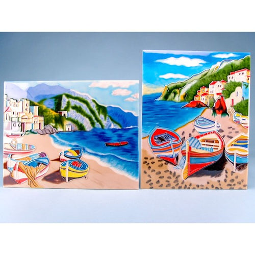 Ceramic Cliffside Beached Boats Plaques